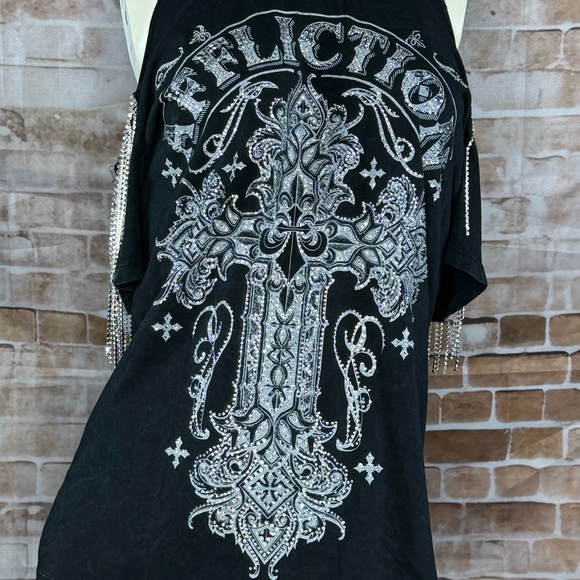 Affliction Women’s Rhinestone Fringe Graphic Short Sleeve T-Shirt- Various -NWT - Picture 2 of 10